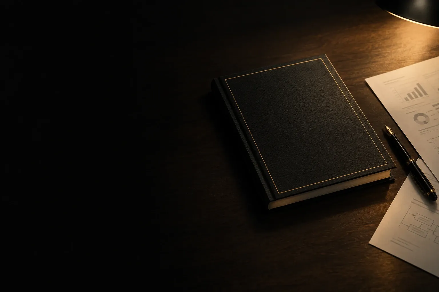 A blackbook on a desk under a lamp
