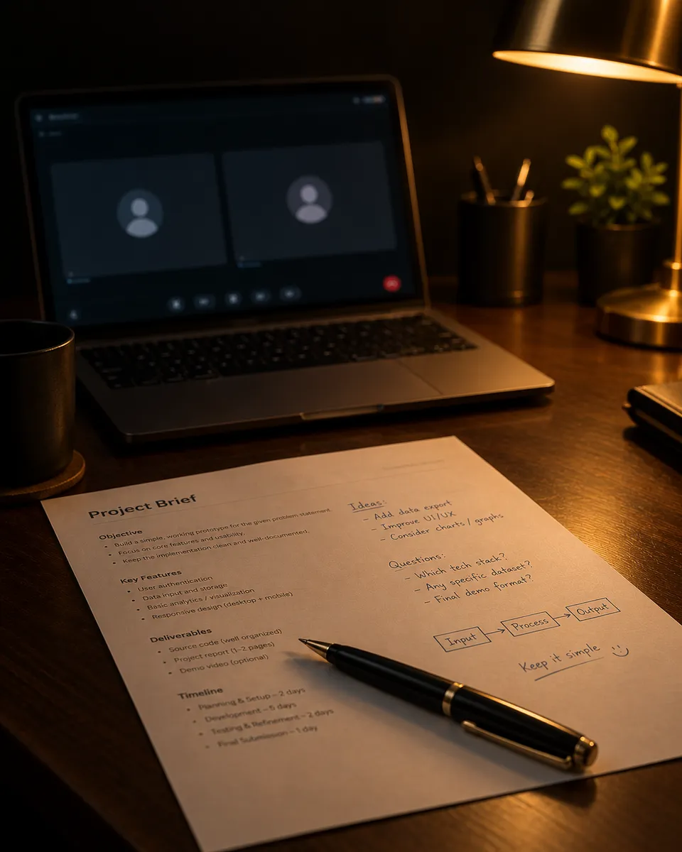 A project brief with handwritten notes on the desk, a video call open on the laptop behind it